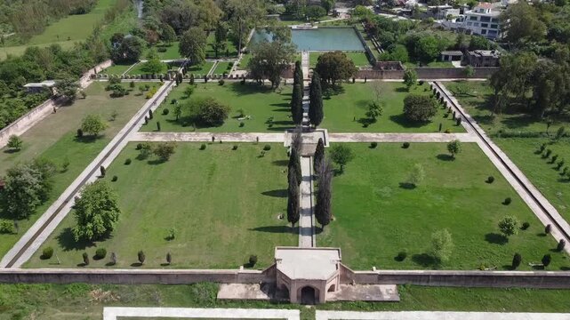 Aerial view of Wah Mughal Gardens with historic architecture and water pond