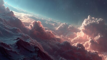 Majestic high-altitude vista above an ocean of vibrant, rose-gold clouds, illuminated by atmospheric glow, revealing distant, snow-capped mountain peaks cutting through the dense, ethereal haze agains