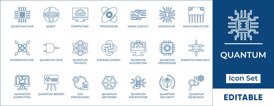 Quantum computing line icon set. Future technology, science, microchip and processor vector symbols. Editable stroke.