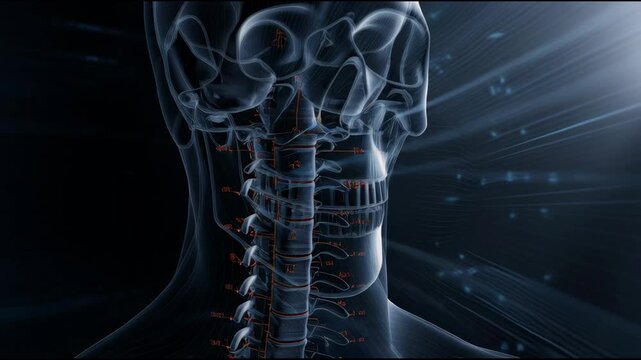 A skeleton is shown in a black background. The skeleton is shown in a very detailed and realistic manner, with its bones clearly visible. Concept of mystery and intrigue