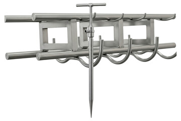 Stainless steel fishing rod rest stand with wavy support bars on a transparent background