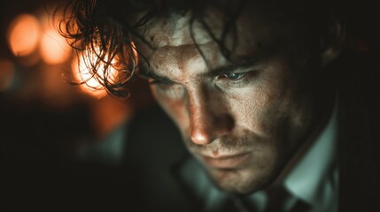 Intense cinematic portrait of a man with disheveled hair and textured skin. Dramatic orange low-key lighting and bokeh highlight his deep, focused gaze, conveying profound mystery and raw emotion. A g