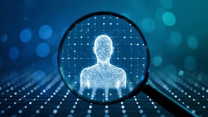 Digital human body scan viewed through a magnifying glass on a network data background with blue bokeh lights. - Powered by Adobe