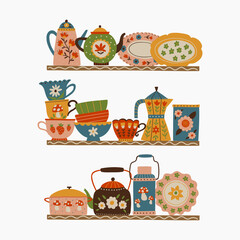 Set of cute hand drawn tea cups, mugs with floral, folk decorative elements. Cozy vintage illustration in warm colors. Perfect for kitchen decor, packaging, stationery, textiles, prints, home design