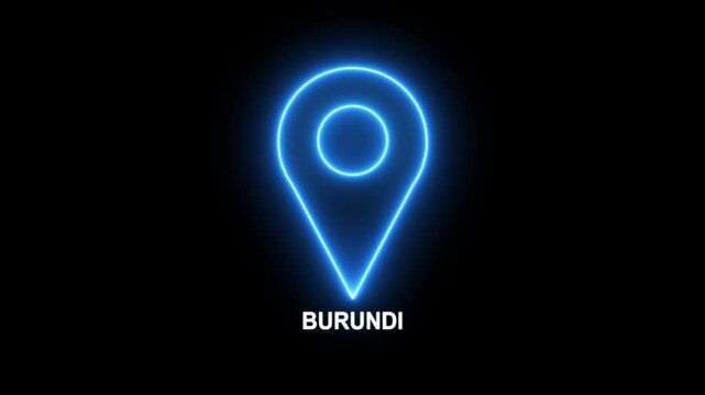 Burundi country location pin animation 4K video. Neon line GPS tracking map pointer icon with alpha channel and Black background, 