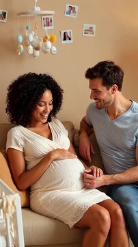 Happy expectant couple lovingly touching pregnant belly, anticipating baby's arrival