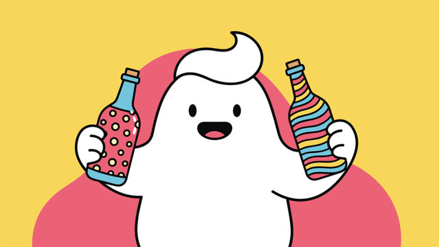 Happy and cute cartoon ghost character holding two colorful bottles against a vibrant yellow and pink background, ready to party.