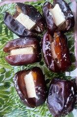 Instagram and TikTok food, popular dessert made from dates, butter or peanut butter, and nuts and salt, homemade food, delicious home cooking, holiday food, delicious, cooking