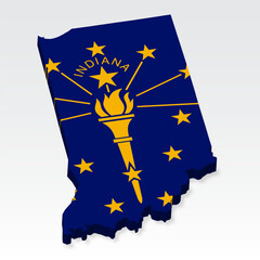 3D  Indiana map with flag. Three dimensional map of State Indiana with shadow. Flag of Indiana on white background for your design, app, UI. United States. Stock vector. EPS10. 