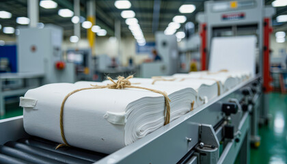 Bundles of white paper on factory conveyor belt