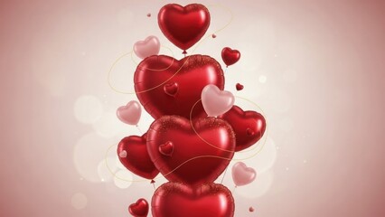 Realistic 3D Render Stack of Glossy Red Heart Balloons and Bokeh Lights Background isolated PNG with Transparent Background