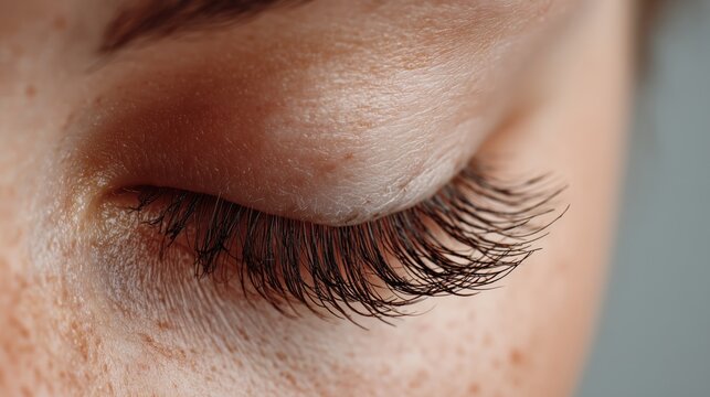 Macro close-up of a closed eye with long, dark, voluminous eyelashes and detailed eyelid skin texture. Ideal for beauty, cosmetic, and skincare content, focusing on lash enhancement and dermal health,
