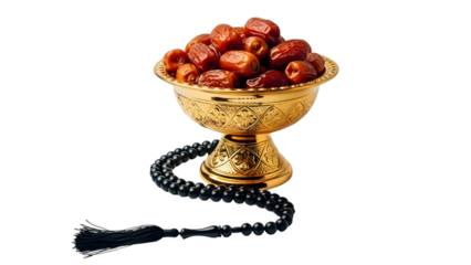 Golden goblet filled with dates on a black rosary