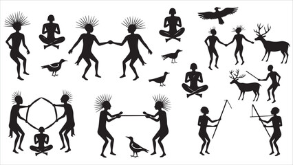 Obraz premium Primitive cave painting vector set. Black silhouette illustrations of humans, dancers, deer, and birds for historical and design use. 