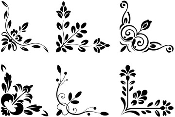 Fototapeta premium Black symmetrical floral silhouette featuring swirling patterns and geometric corner motifs for elegant decorative designs, invitations, stationery, home décor, posters, branding, and classic ornament