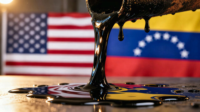 Oil spills onto a surface with flags of USA and Venezuela in the background. The oil is flowing, symbolizing energy and geopolitics - Powered by Adobe