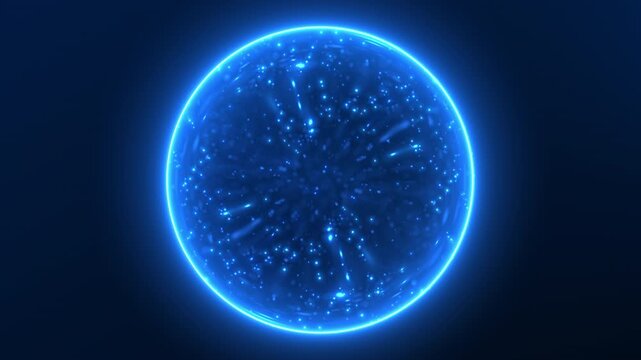 Blue digital sphere with disperse particle flow and soft glowing motion. Abstract futuristic energy animation in 4K 60fps seamless loop with smooth depth and light dynamics.