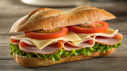 Ultra-realistic food photography of a fresh deli sandwich on a rustic wooden table, soft crusty baguette bread filled with thinly sliced ham, melted cheese, crisp lettuce, and ripe tomato slices.