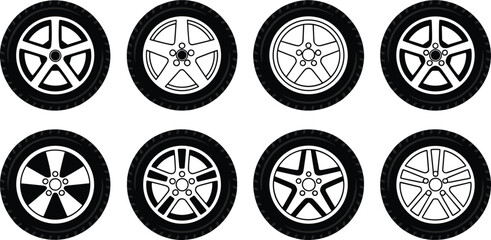 Car wheel and tire illustration set, modern alloy rim designs in black and white, automotive wheel icons collection for vehicle, transport, and auto design projects © Shirina