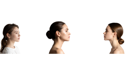  Side Profile of Woman Embracing Natural Beauty, Grey Studio Background