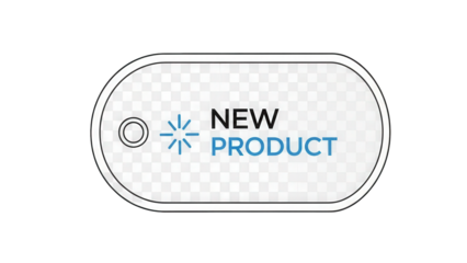 A modern graphic design featuring a new product label on a black background