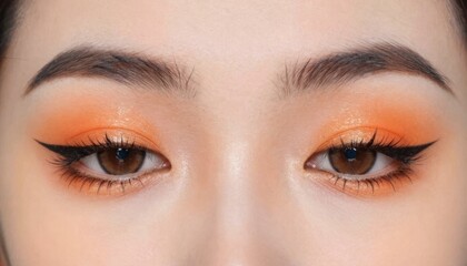 Naklejka premium Applying bold orange eyeshadow techniques for stunning makeup looks beauty studio tutorial indoor close-up creative expression