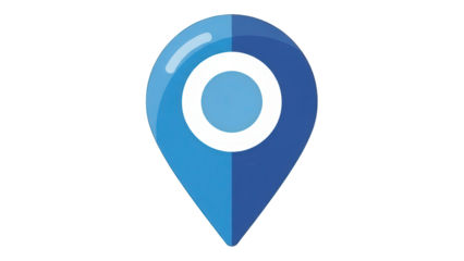 A blue location pin icon with a white circle on a black background