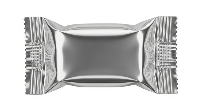 A shiny silver wrapper, perfect for candy, chocolates, or any small treat, offering a clean and metallic presentation