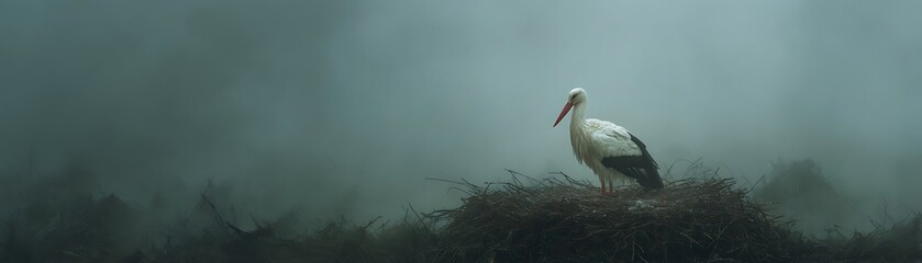 Majestic white and black bird stands vigil over its nest amid heavy atmospheric mist