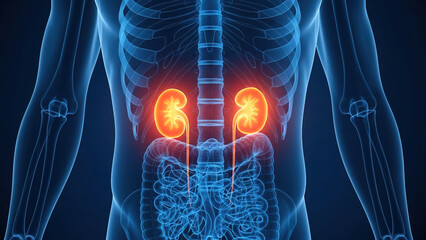 Human Anatomy kidneys urinary system orange glowing kidneys x-ray 3d medical illustration kidney diseases renal health, isolated on dark blue background, blue glowing lines