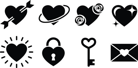 Love and romance heart icon set featuring arrow heart, sparkle heart, lock heart, key, envelope Valentine symbols © Shirina