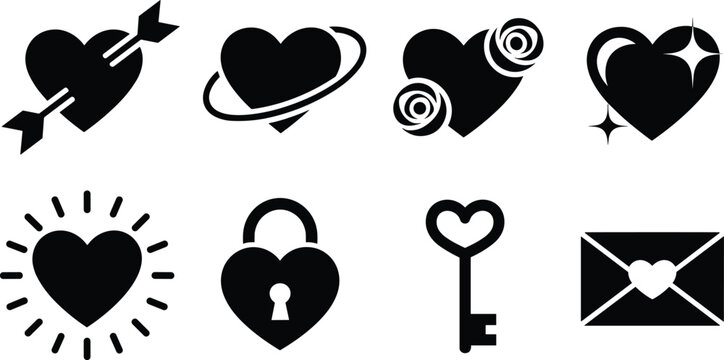 Love and romance heart icon set featuring arrow heart, sparkle heart, lock heart, key, envelope Valentine symbols