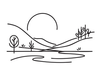 Abstract primitive landscape, vector background, minimalism, line drawing