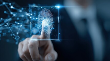 A futuristic representation of a fingerprint being scanned, symbolizing digital security and biometric verification technology.