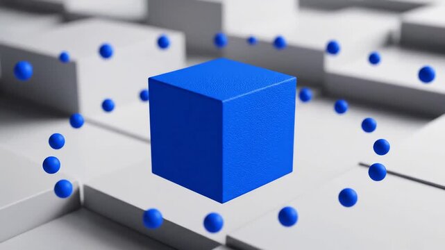 Abstract Blue Cube with Orbiting Spheres on a White Geometric Background.