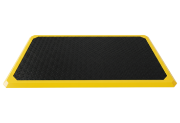 Yellow bordered black rubber anti-fatigue safety floor matting on a transparent background