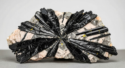 Radial biotite sun aggregate consisting of dark mica flakes embedded in a light colored feldspar pegmatite matrix.