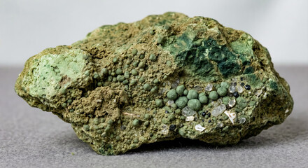 A collectible geological specimen of greenish glauconite sandstone specimen with a fine grained sedimentary texture, containing green glauconite pellets and quartz grains.