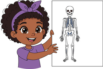 Cute African American child learning human skeleton anatomy poster, educational science illustration for kids, medical bones study concept