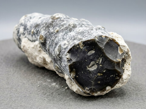 Dark gray microcrystalline flint nodule embedded in a white soft porous chalk carbonate rock substrate.