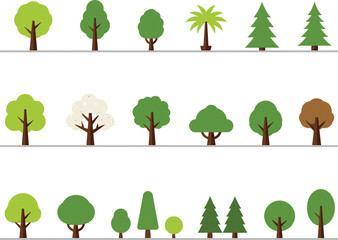 Flat tree illustration set featuring various forest and garden tree types for landscape design, nature concepts, ecology, and environmental graphics