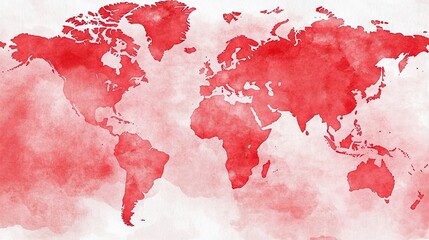 A watercolor-style digital illustration of a world map, rendered in soft red and pink hues