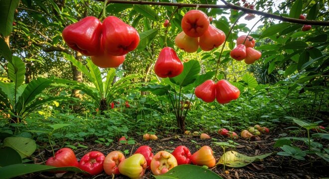 Vibrant red and yellow tropical bell fruits hanging from lush green trees, with a bountiful harvest scattered on the forest floor, showcasing nature's rich abundance