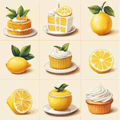 A set of images with lemons and baked goods. A unified style. Vector illustration with food. Suitable for posters, stores, cafes, bars, and sticker designs.