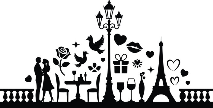 Romantic Paris couple silhouette illustration with Eiffel Tower, cafe table, street lamp, hearts, birds and Valentine love elements