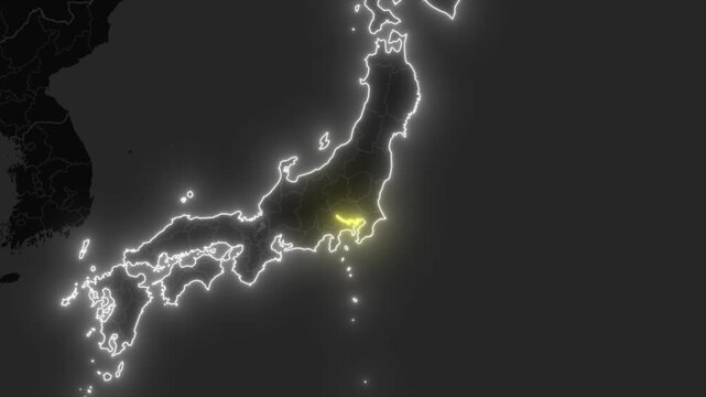 Glow Animation of Japan Map and Tokyo City on Dark Map Background