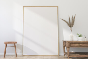 Thin Vertical Wooden Frame Mockup with Minimalist Design on Light Wall. 3D render.