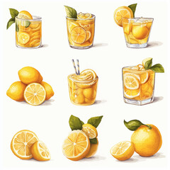 Set of vector illustrations with drinks, lemons, and cocktails. Lemonades in yellow. Glasses of water with lemon.