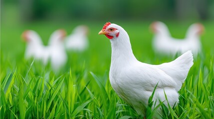 White chicken standing prominently in a lush green field, surrounded by blurred chickens in the background, showcasing rural farm life and natural habitat