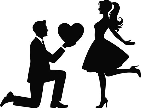 Romantic proposal silhouette illustration showing kneeling man offering heart to woman, love confession concept for Valentine wedding design